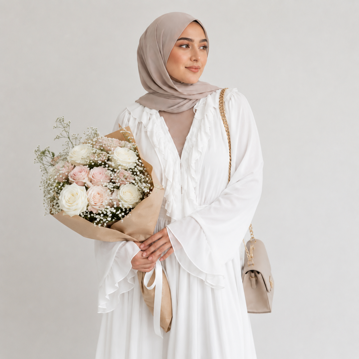 Woman in a white dress holding a bouquet of flowers against a plain background