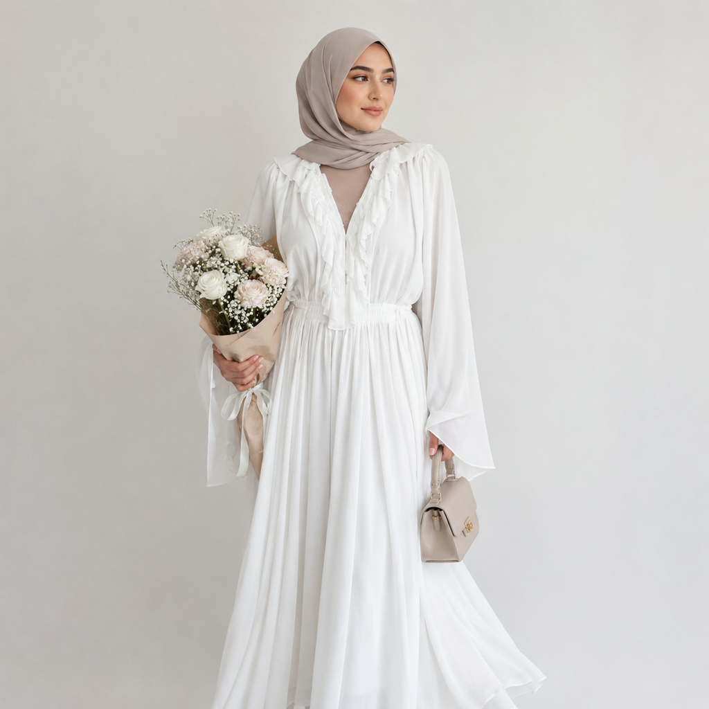 Woman in a white dress holding flowers against a plain background
