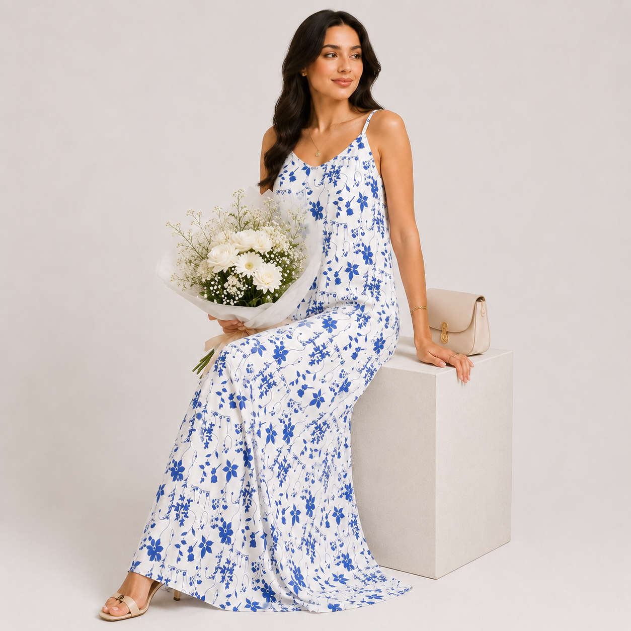 Woman in a floral blue polka dress holding a bouquet of flowers against a white background