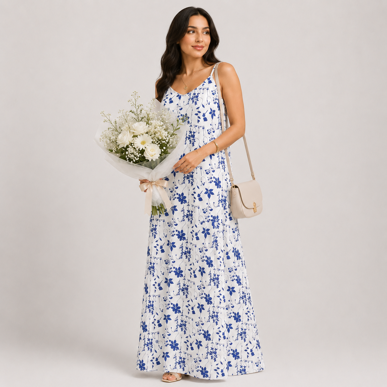 Woman in a floral blue polka dress holding a bouquet of flowers against a white background