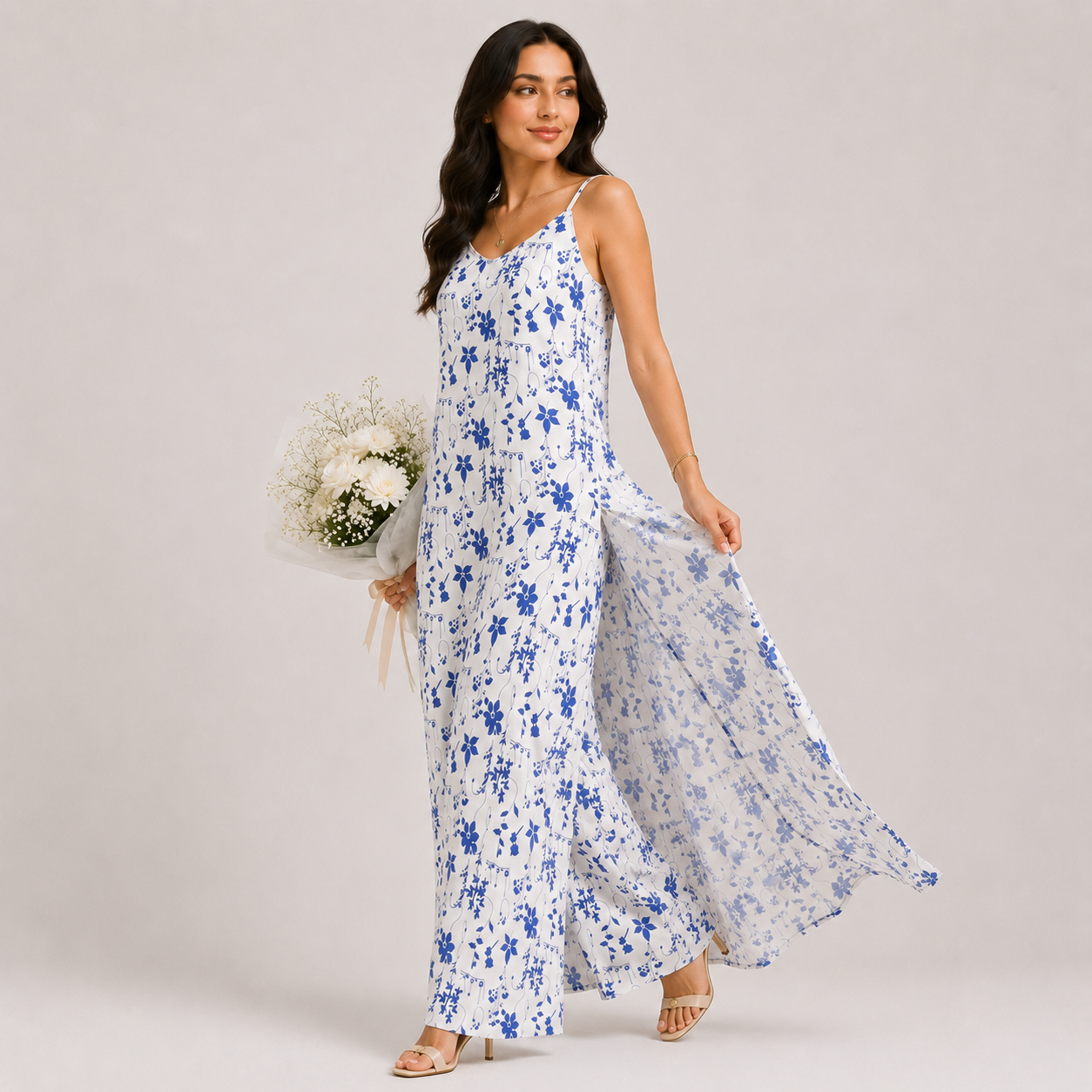 Woman in a floral blue polka dress holding a bouquet of flowers against a white background