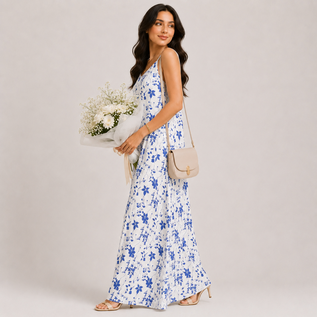 Woman in a floral blue polka dress holding a bouquet of flowers against a white background