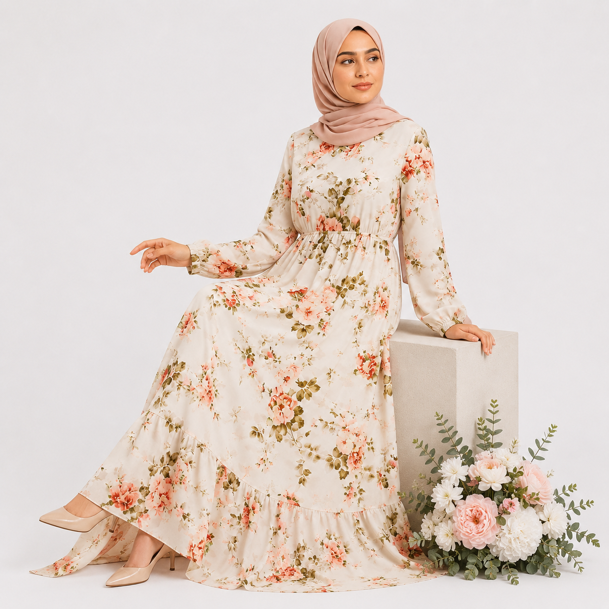 Woman in a floral dress sitting on a box with flowers, wearing a hijab against a white background