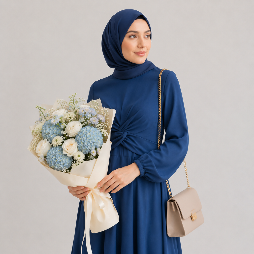 Woman in a blue dress holding a bouquet of flowers and a beige handbag on a gray background