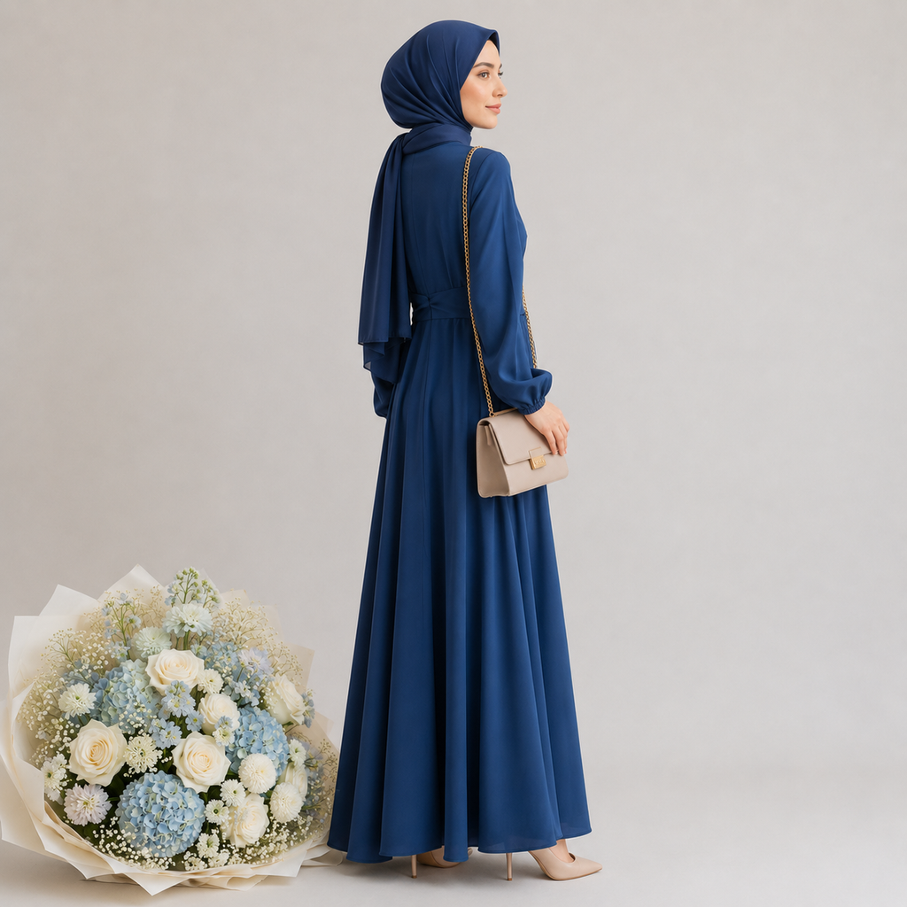 Woman in a blue dress and hijab holding a beige handbag with a bouquet of flowers on a light gray background