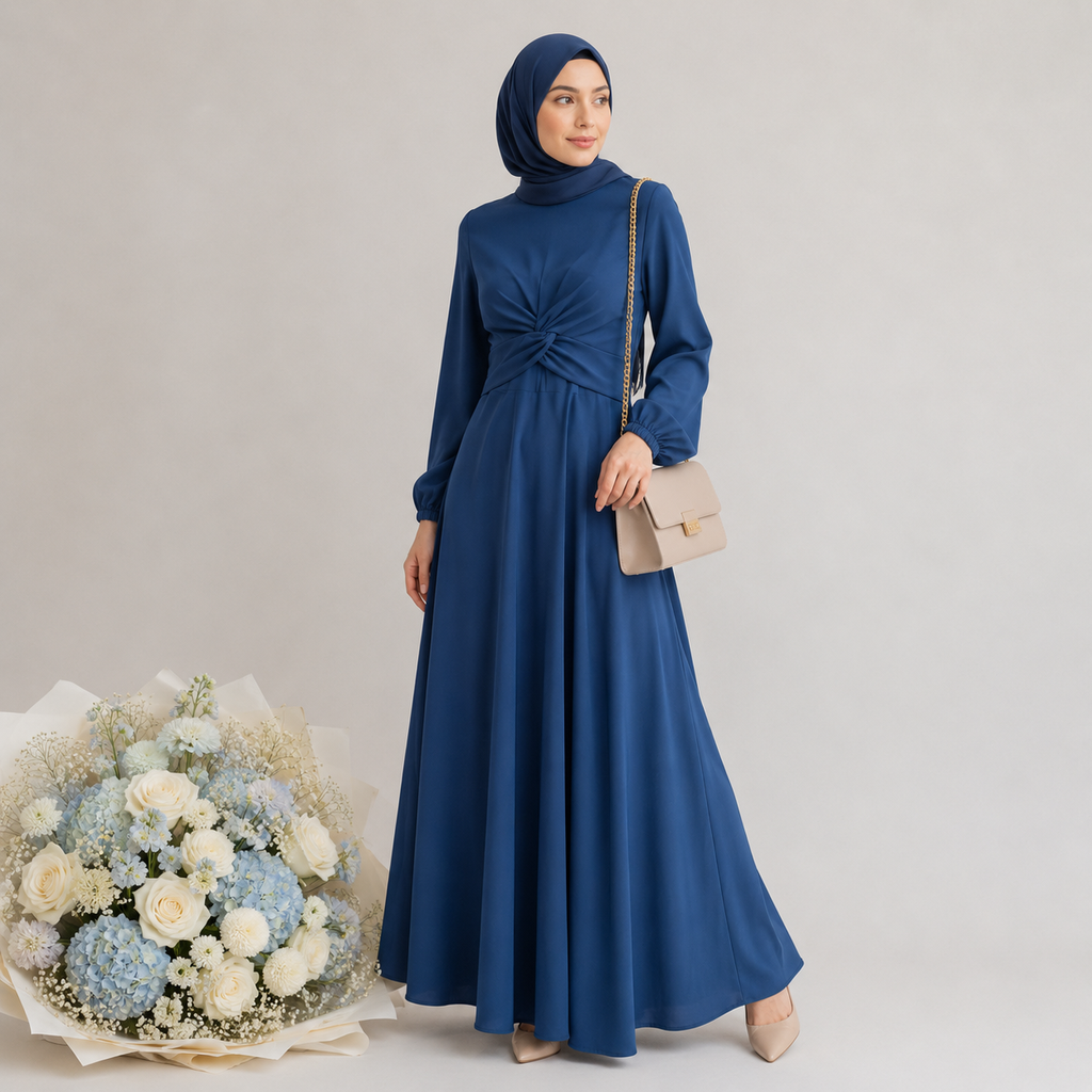 Woman in a blue dress standing next to a bouquet of flowers on a plain background
