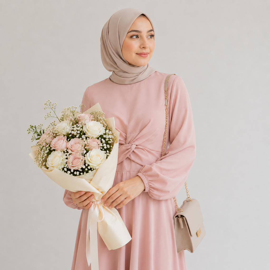 Woman in a pink dress holding a bouquet of flowers against a plain background
