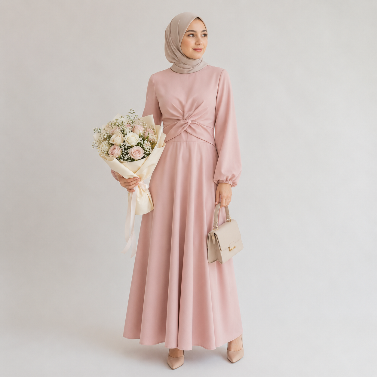 Woman in a pink dress holding flowers against a plain background