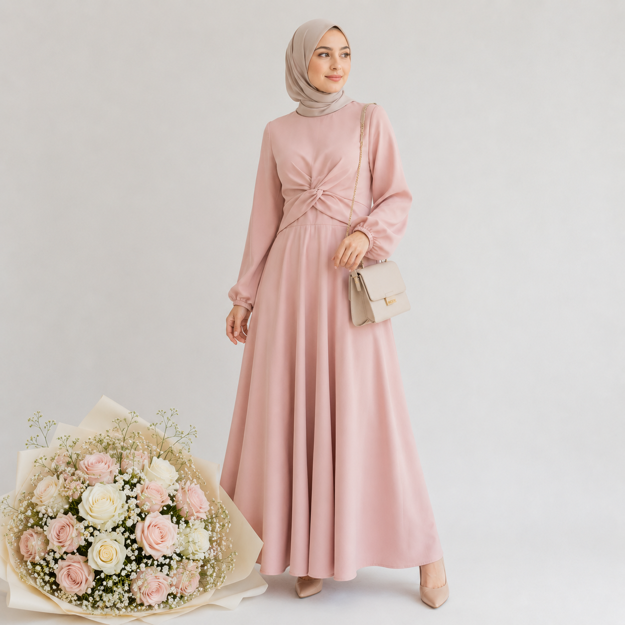Woman in a pink dress holding a bouquet of flowers on a plain background