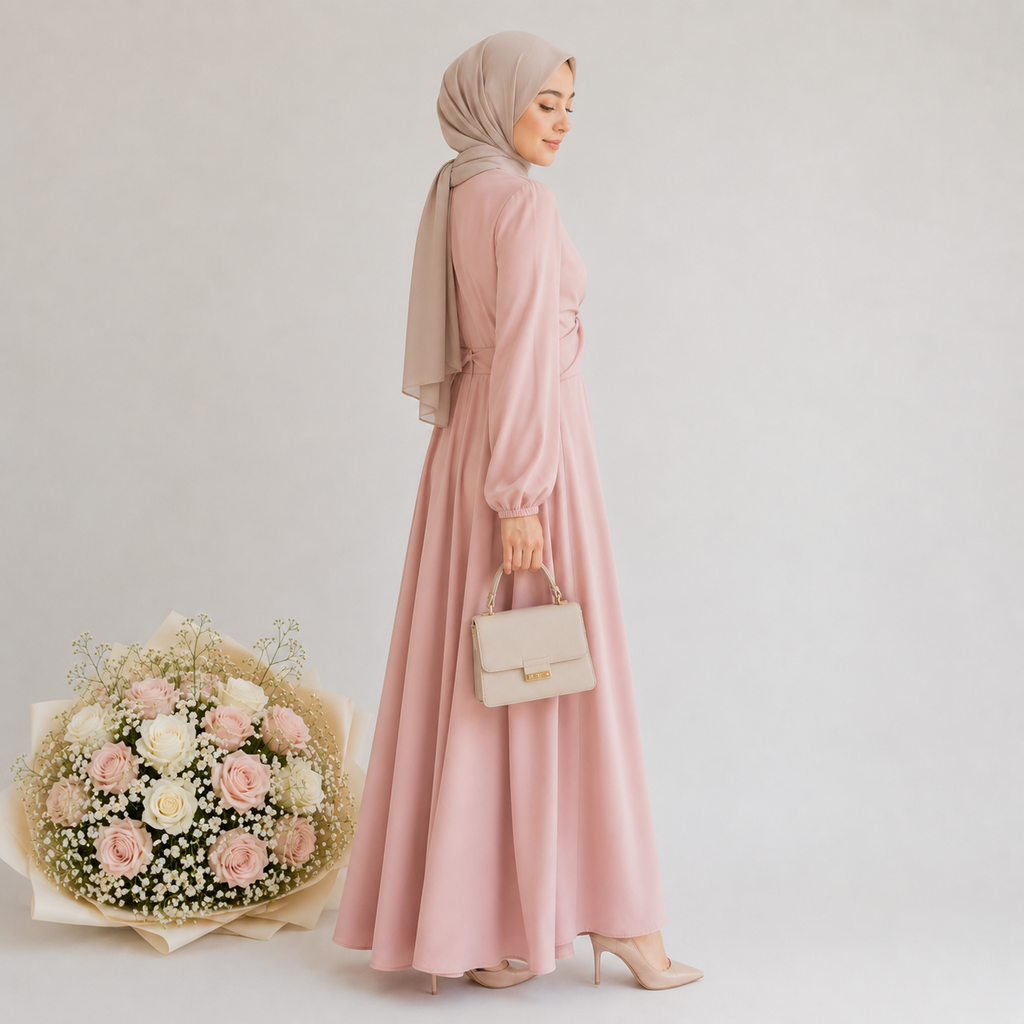 Woman in a pink dress holding a beige handbag with a bouquet of flowers on a light background