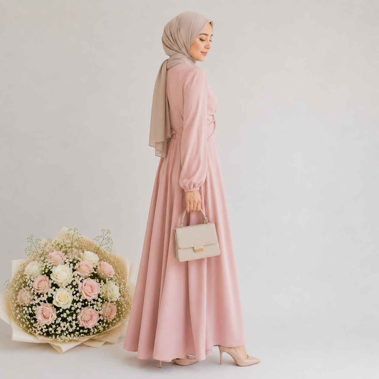 Woman in a pink dress holding a beige handbag with a bouquet of flowers on a light background