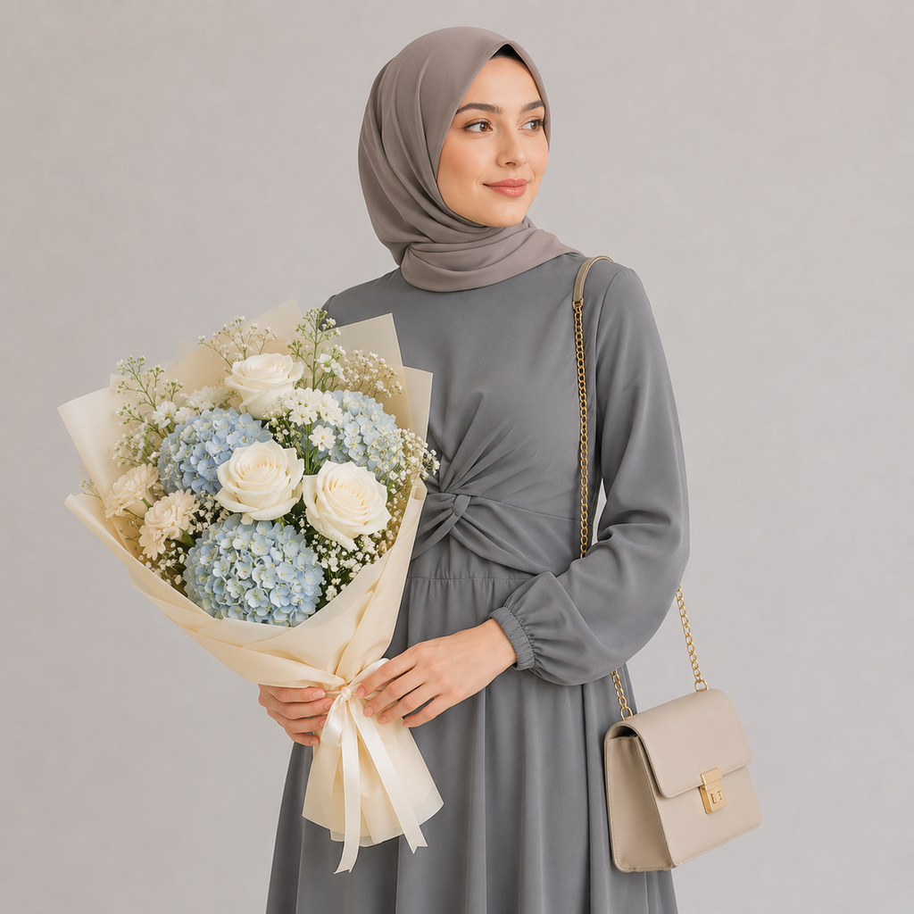 Woman in a gray dress holding a bouquet of flowers and a beige handbag against a plain background