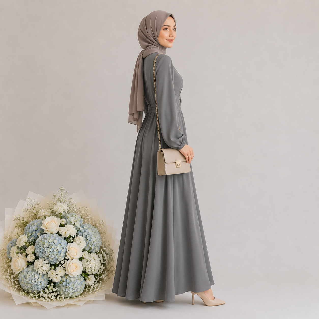 Woman in a gray dress with a beige hijab holding a bouquet of flowers on a plain background