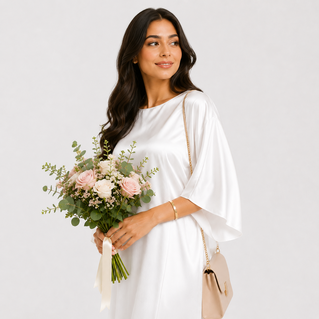 Woman in a white dress holding a bouquet of flowers and a beige handbag on a white background