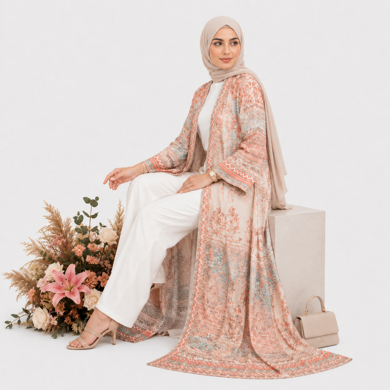 Woman wearing a floral kimono-style garment sitting on a white surface with flowers and a handbag.