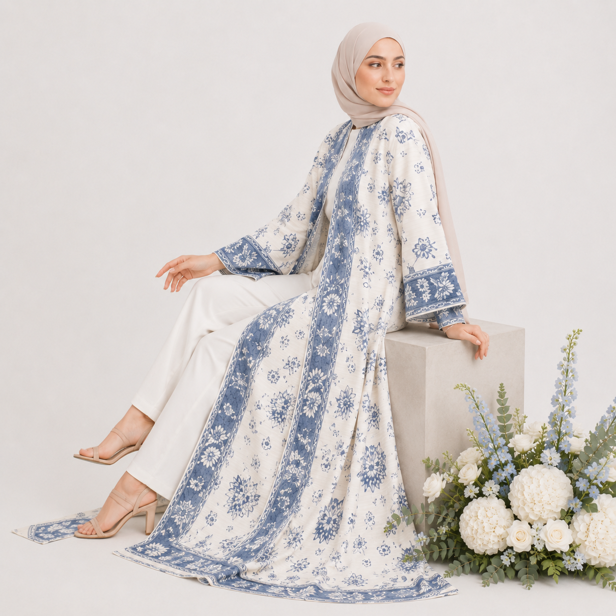 Woman wearing a floral dress with blue patterns sitting on a chair with flowers in the foreground.
