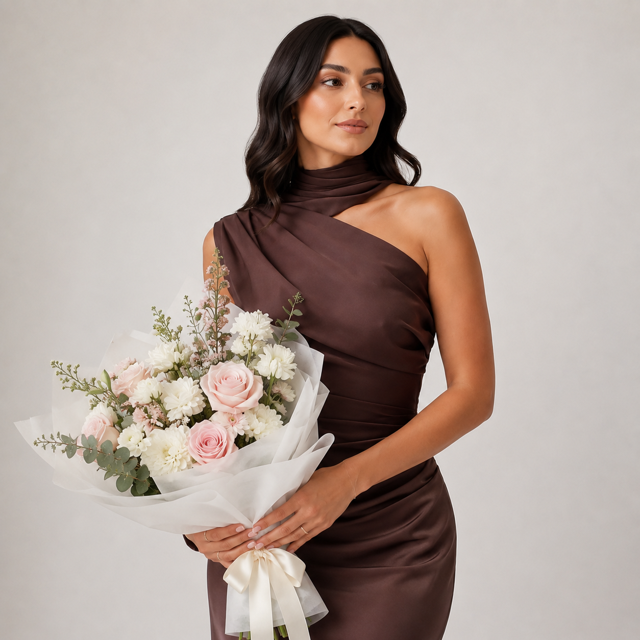 Woman in a brown dress holding a bouquet of flowers against a plain background