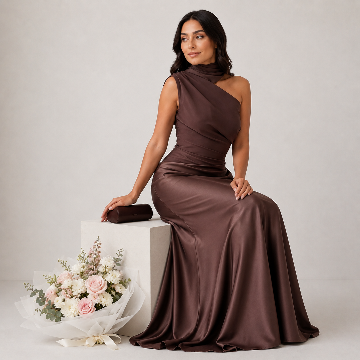 Woman in a brown one-shoulder dress sitting with a floral arrangement on a white surface.