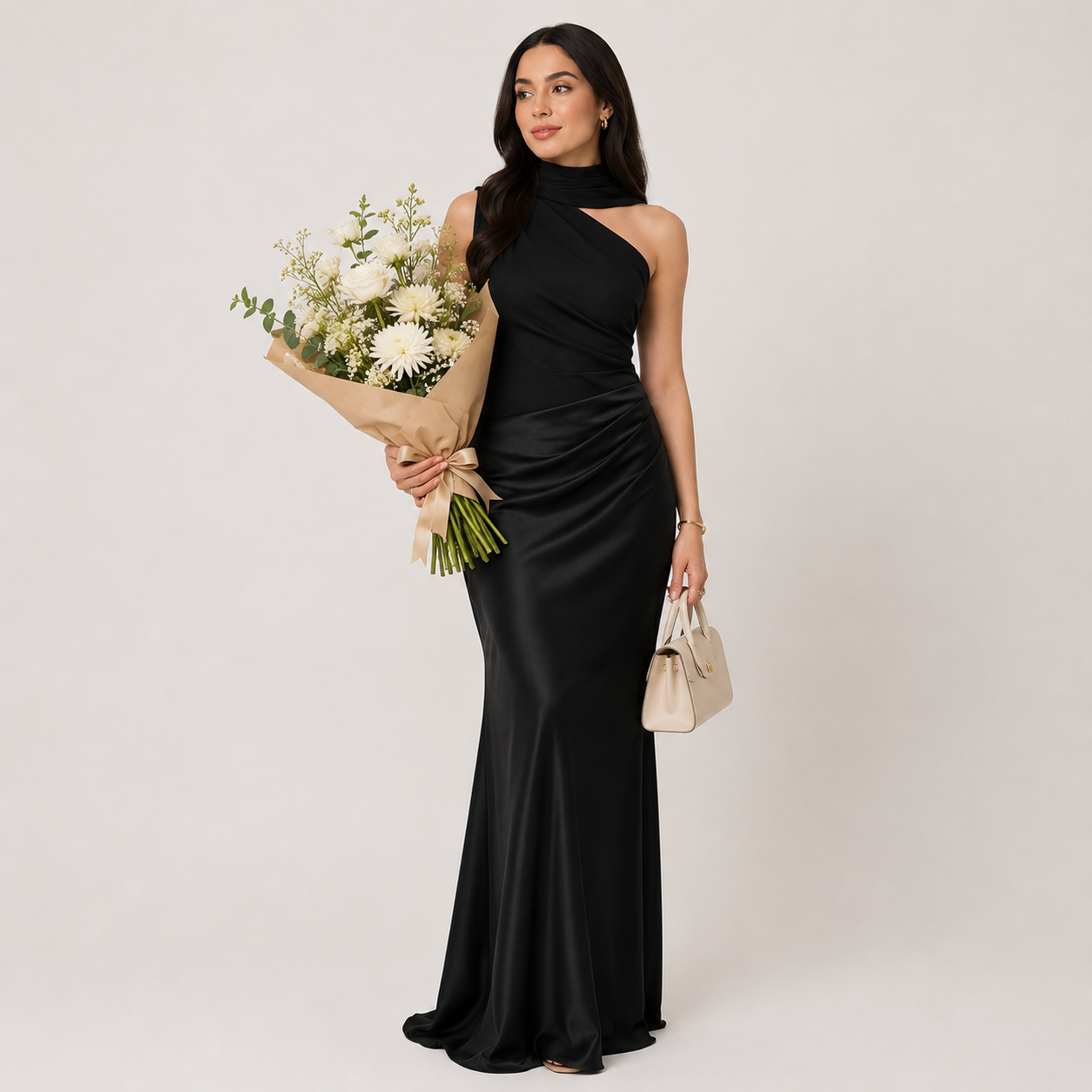 Woman in a black one-shoulder dress holding flowers and a clutch against a plain background