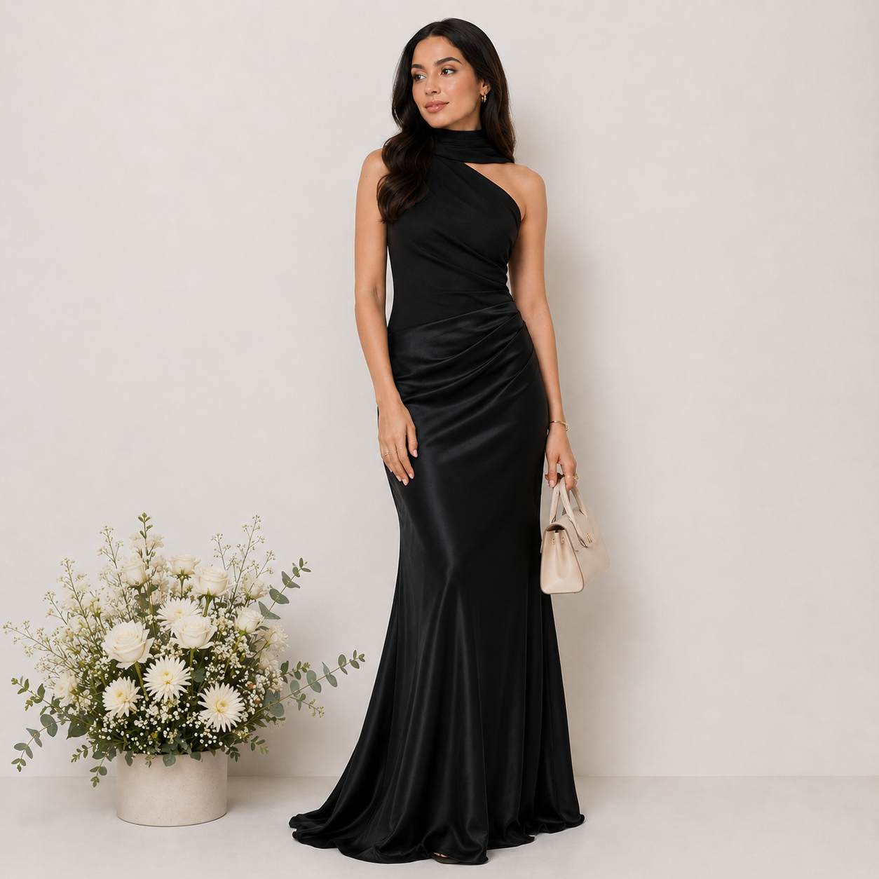 Woman in a black one-shoulder dress holding flowers and a clutch against a plain background