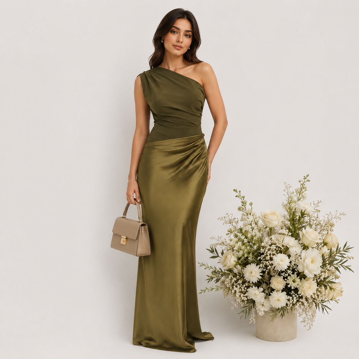 Woman in an olive green one-shoulder dress holding a beige handbag next to a floral arrangement on a white background
