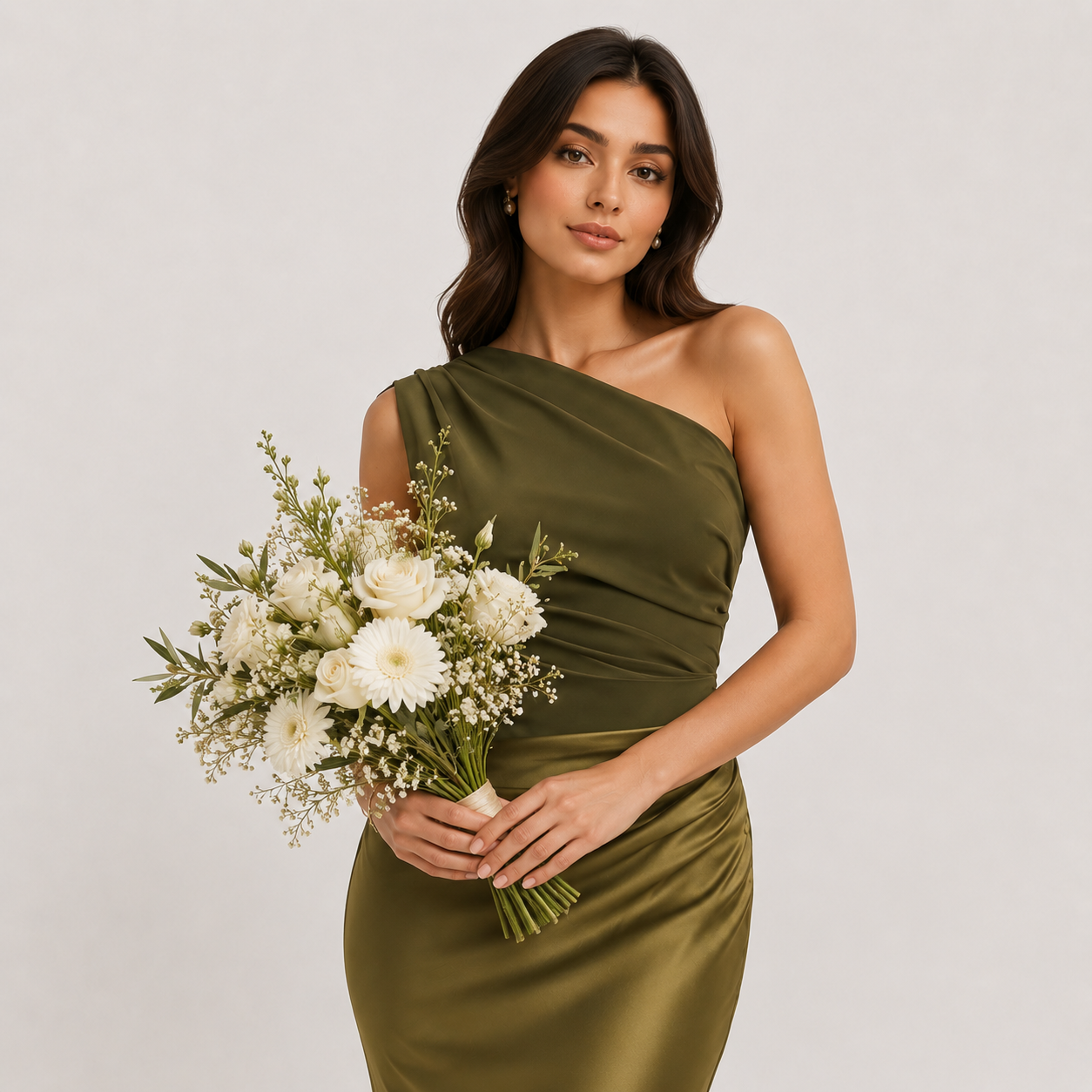 Woman in an olive green one-shoulder dress holding a bouquet of flowers against a plain background
