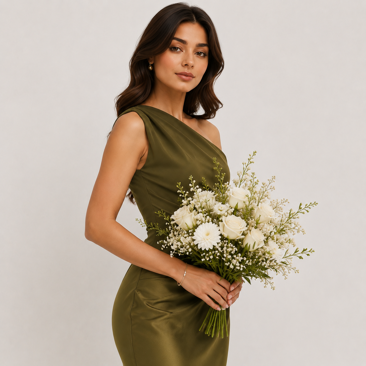 Woman in an olive green dress holding a bouquet of flowers against a plain background