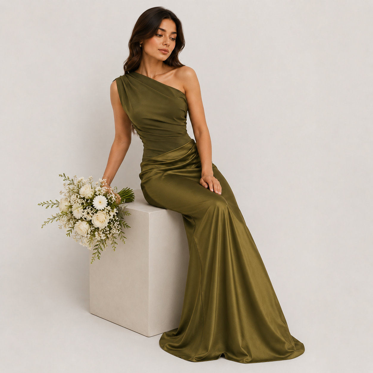 Woman in an olive green one-shoulder gown holding a bouquet of flowers on a white background