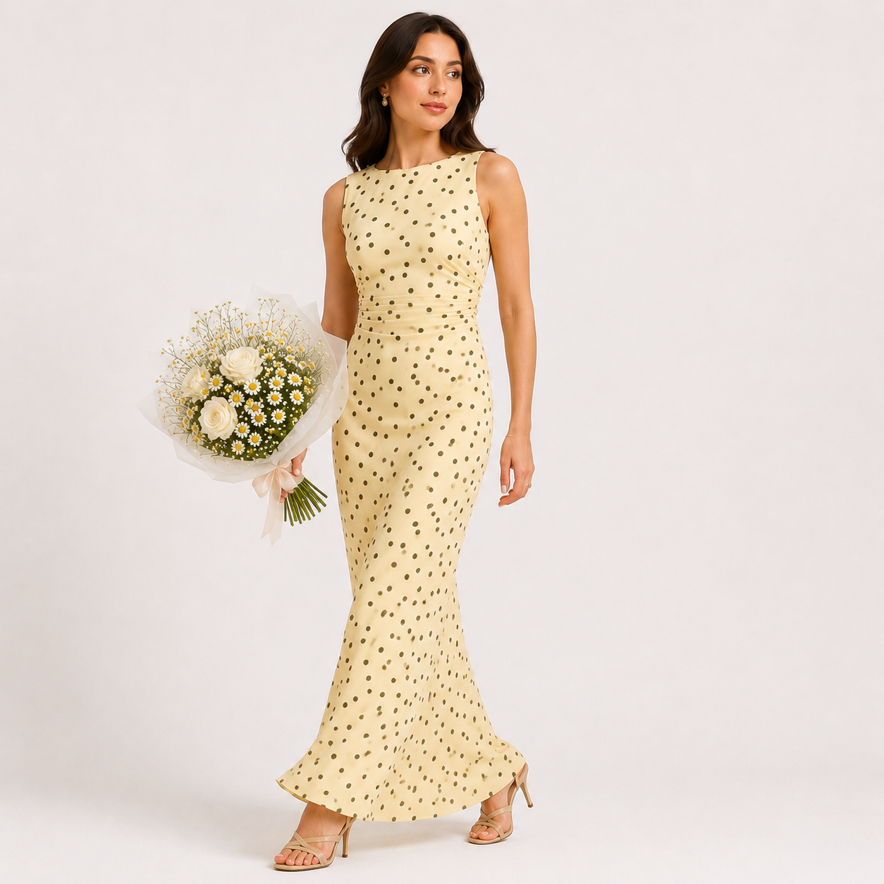 Woman in a yellow polka dot dress holding a bouquet of flowers against a white background
