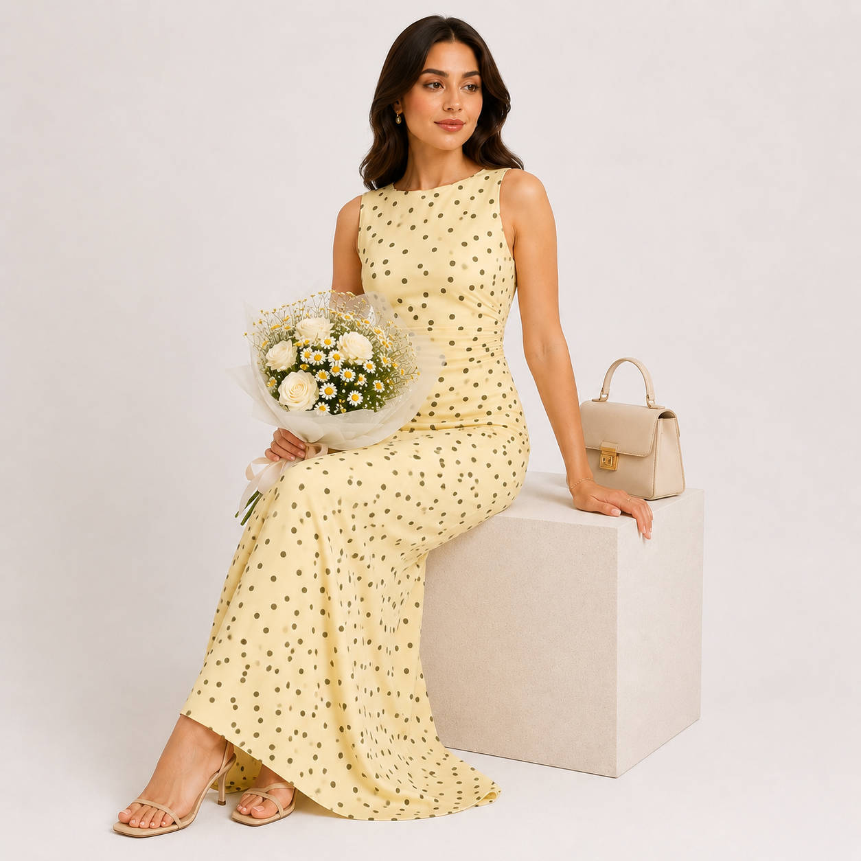 Woman in a yellow polka dot dress holding a bouquet of flowers against a white background