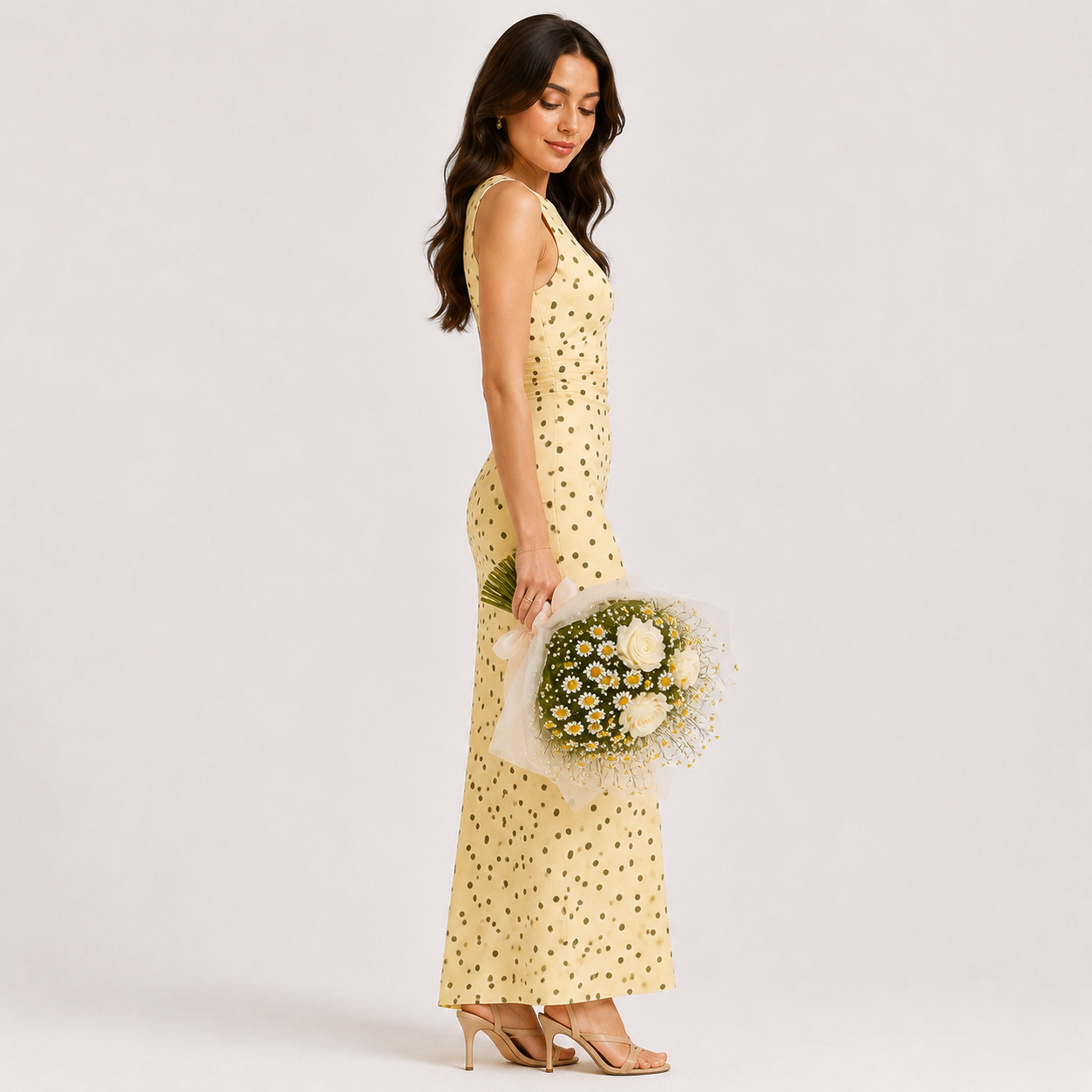 Woman in a yellow polka dot dress holding a bouquet of flowers against a white background