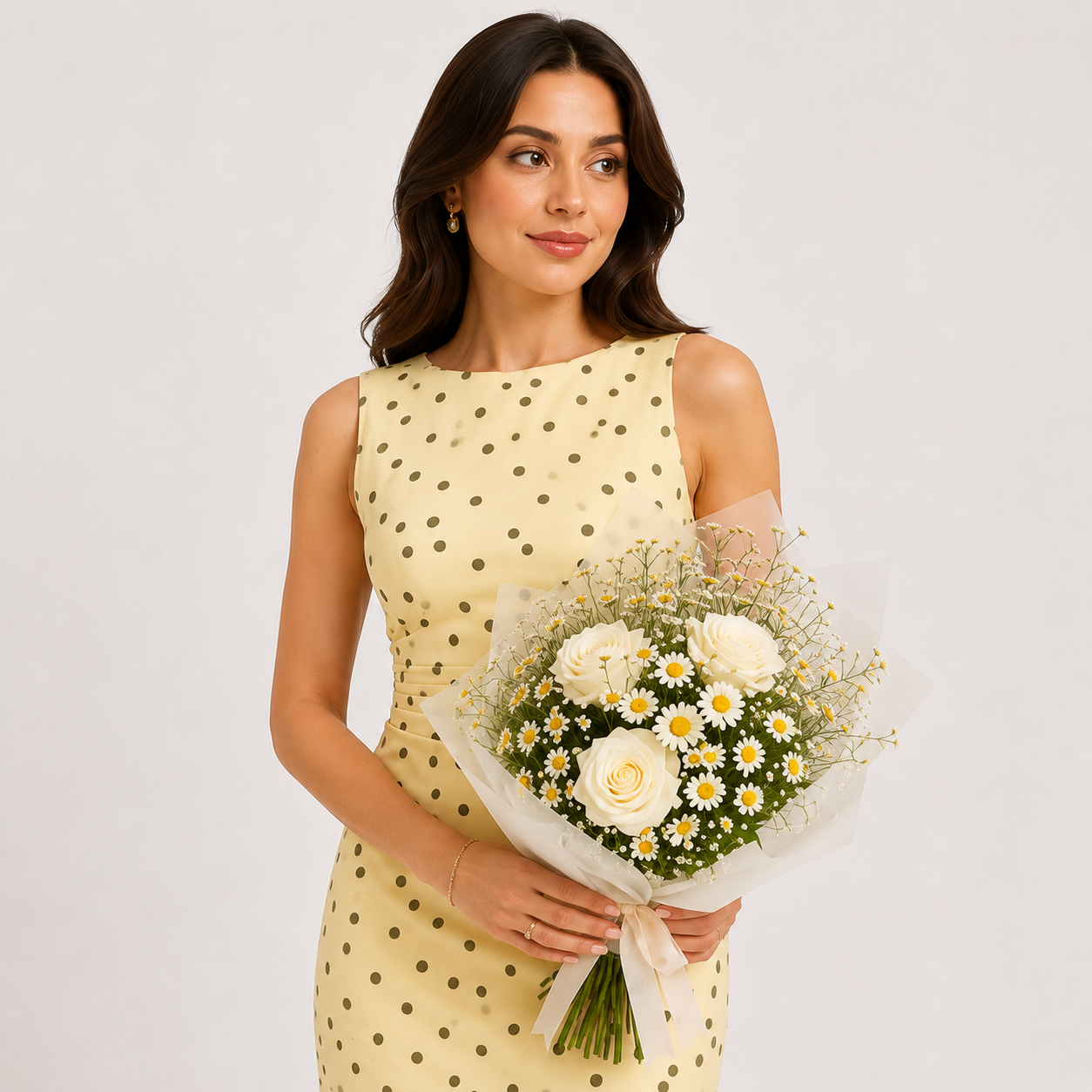 Woman in a yellow polka dot dress holding a bouquet of flowers against a white background