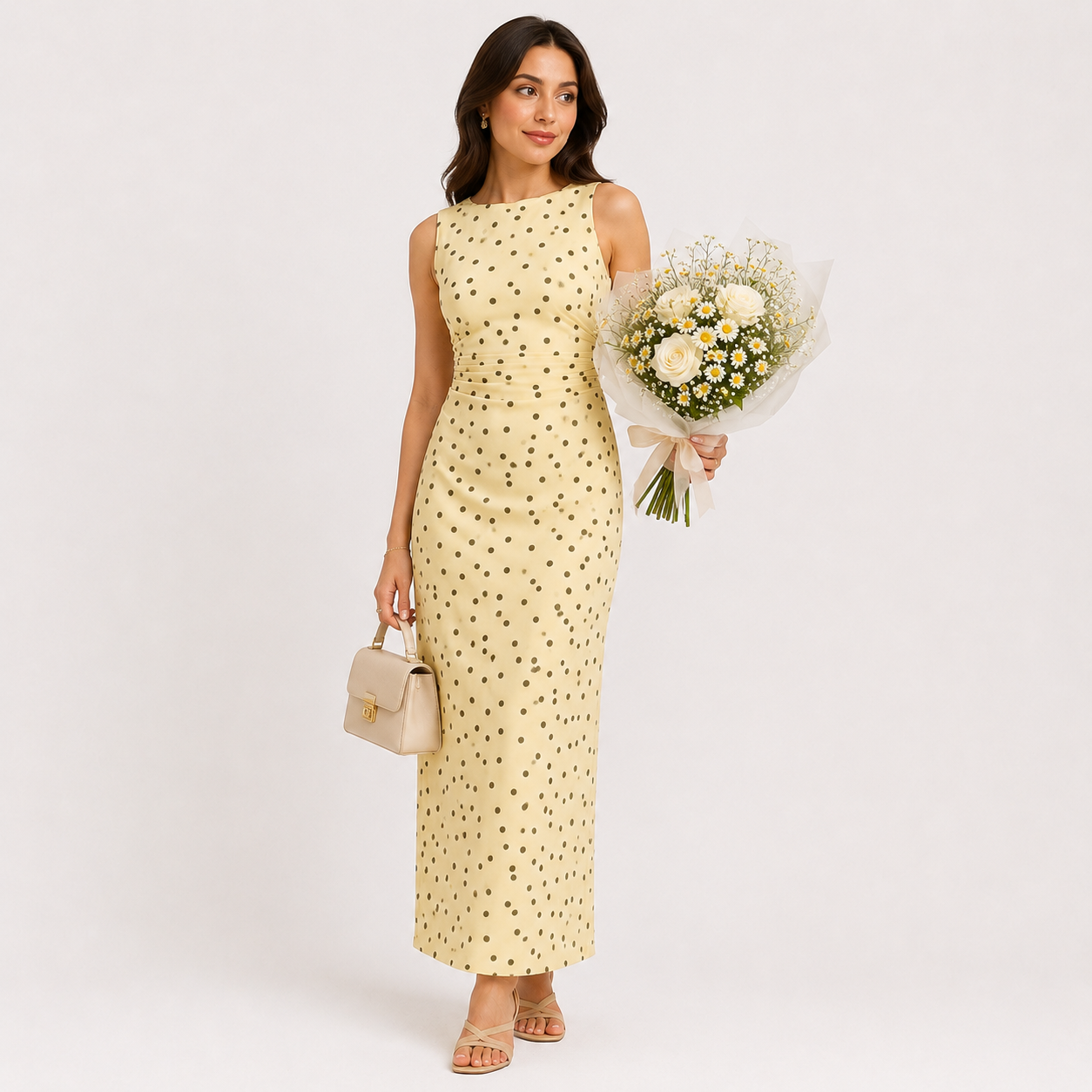 Woman in a yellow polka dot dress holding a bouquet of flowers against a white background