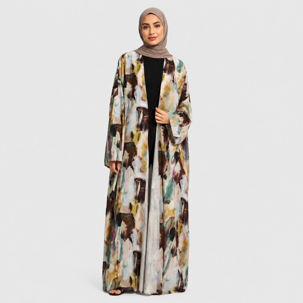 Printed Open Abaya with Lightweight Flowing Layering Silhouette