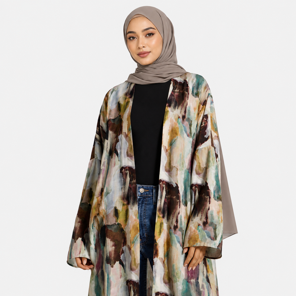 Printed Open Abaya with Lightweight Flowing Layering Silhouette