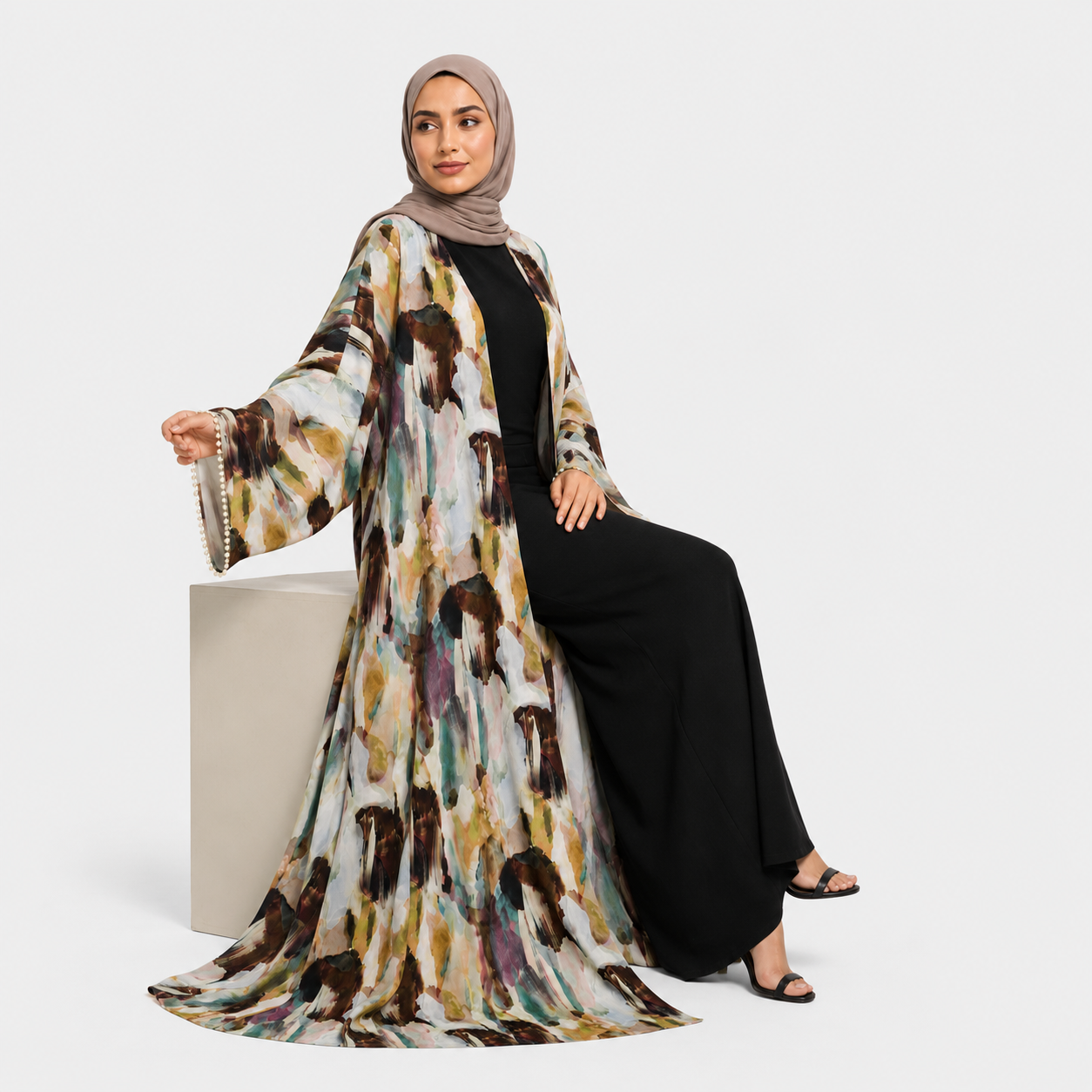 Printed Open Abaya with Lightweight Flowing Layering Silhouette
