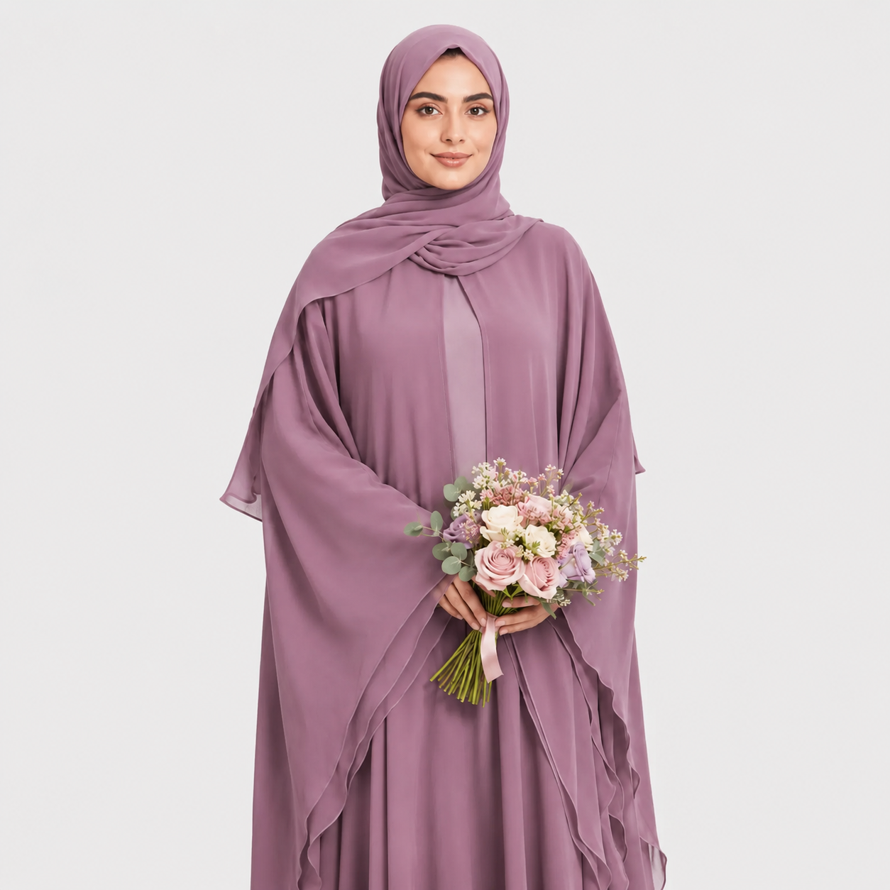 Woman in a mauve abaya holding a bouquet of flowers on a white background