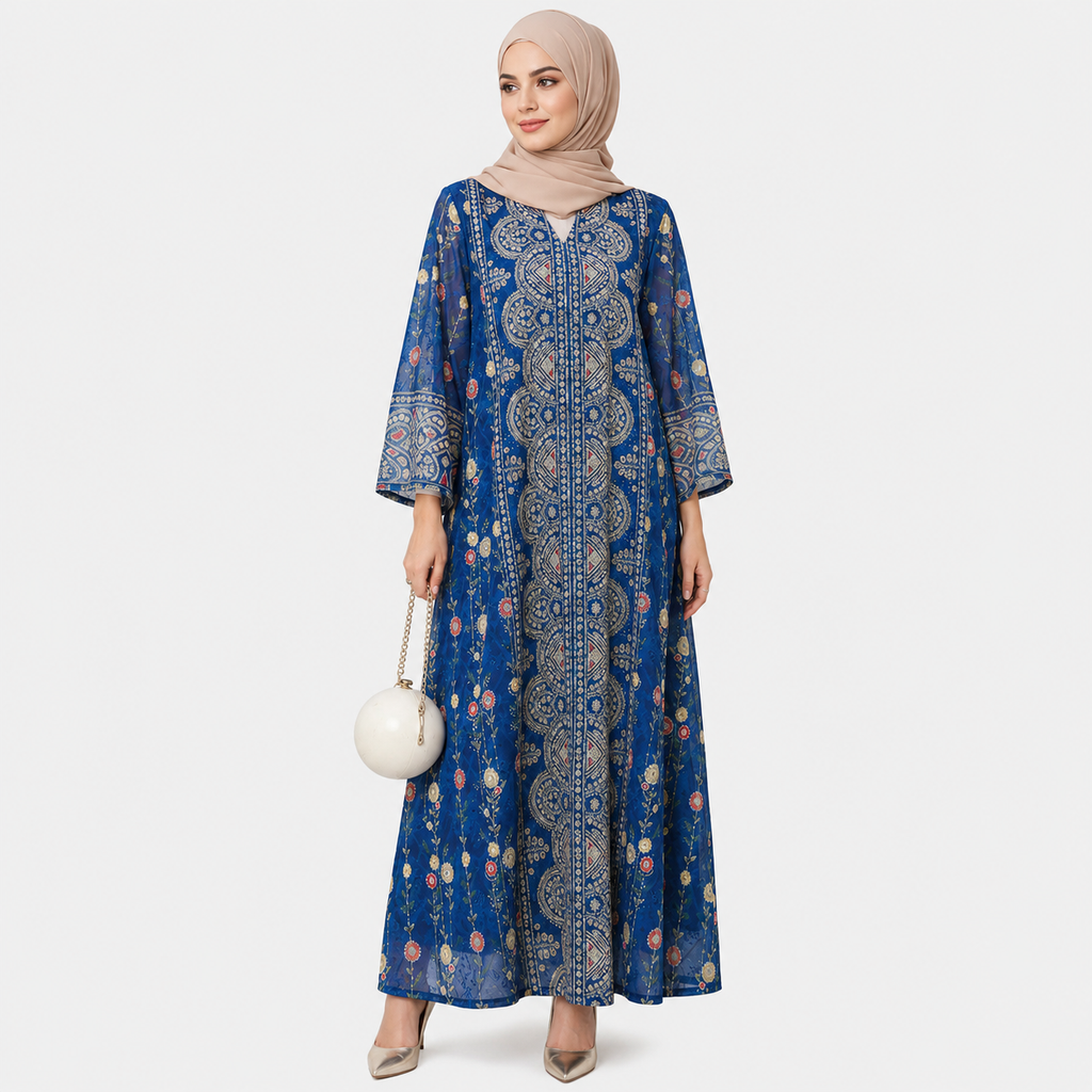 Woman wearing a blue patterned dress on a white background