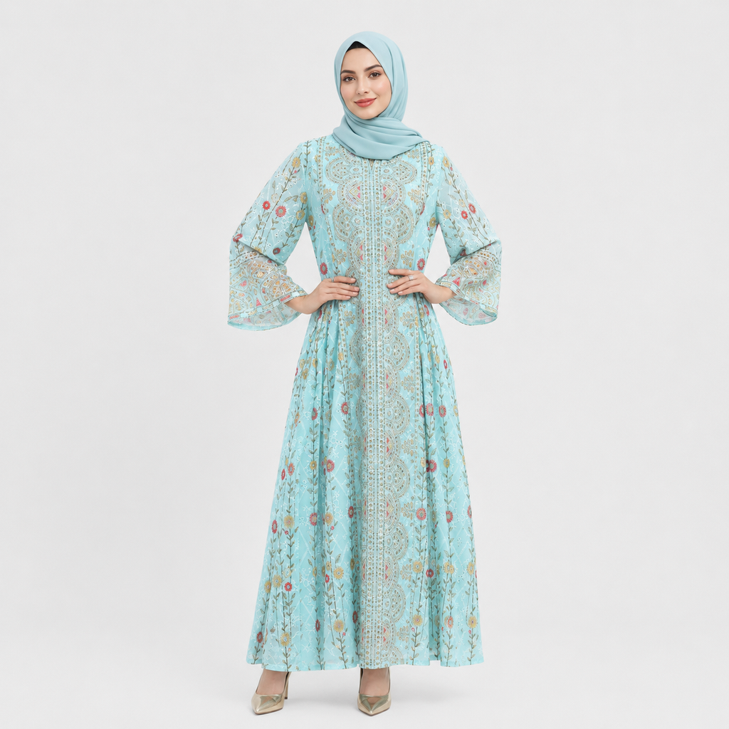 Woman wearing a light blue floral dress and hijab on a white background