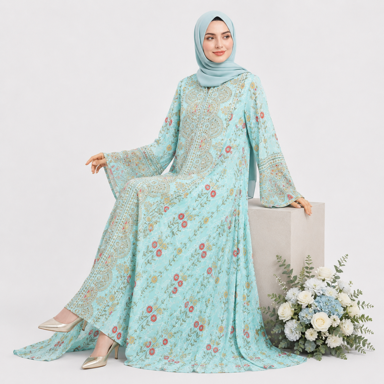 Woman wearing a light blue floral dress and hijab with a white background