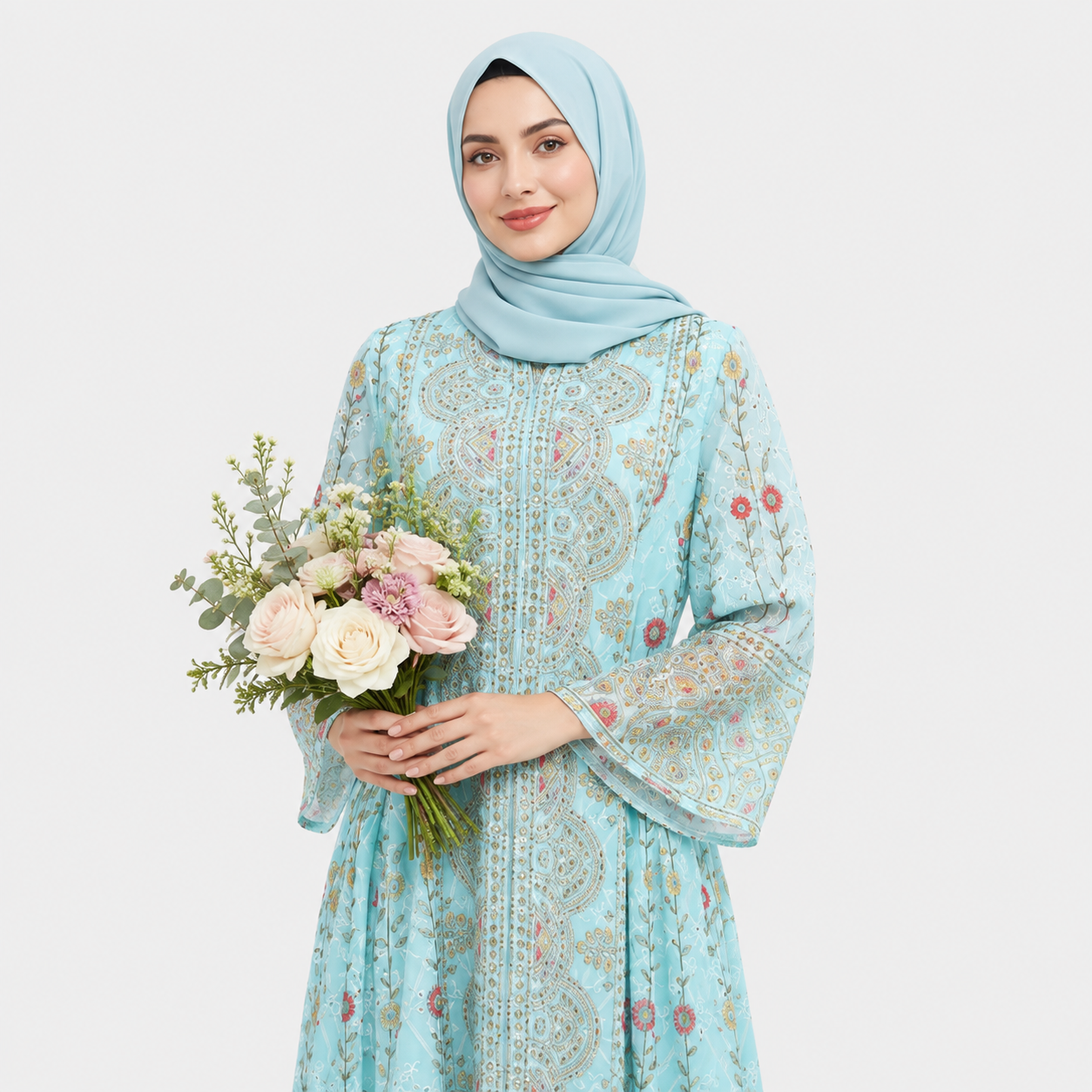 Woman wearing a light blue embroidered dress and hijab, holding a bouquet of flowers on a white background