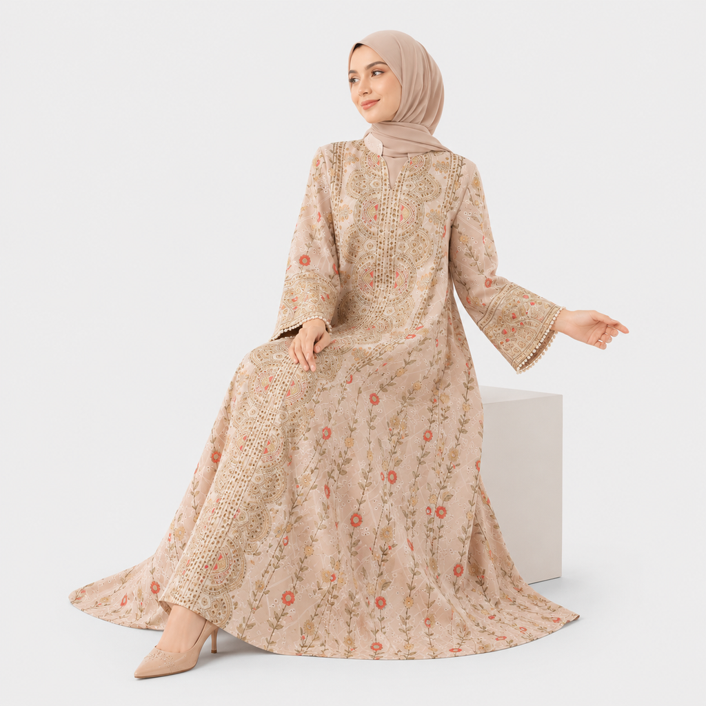 Woman wearing a beige floral dress and hijab on a white background