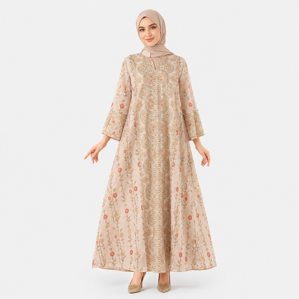 Woman wearing a beige floral dress and hijab on a white background