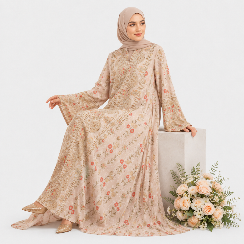 Woman in a floral dress with a hijab, standing next to a bouquet of flowers on a white background