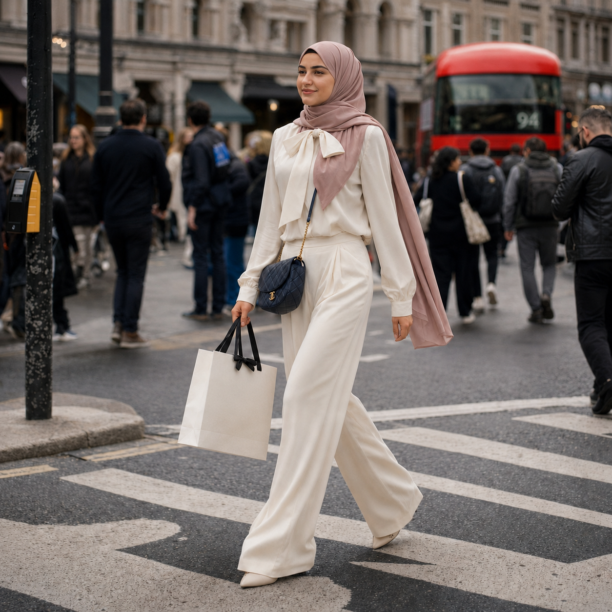 Woman in a white outfit with a hijab walking on a city street with a red bus in the background.