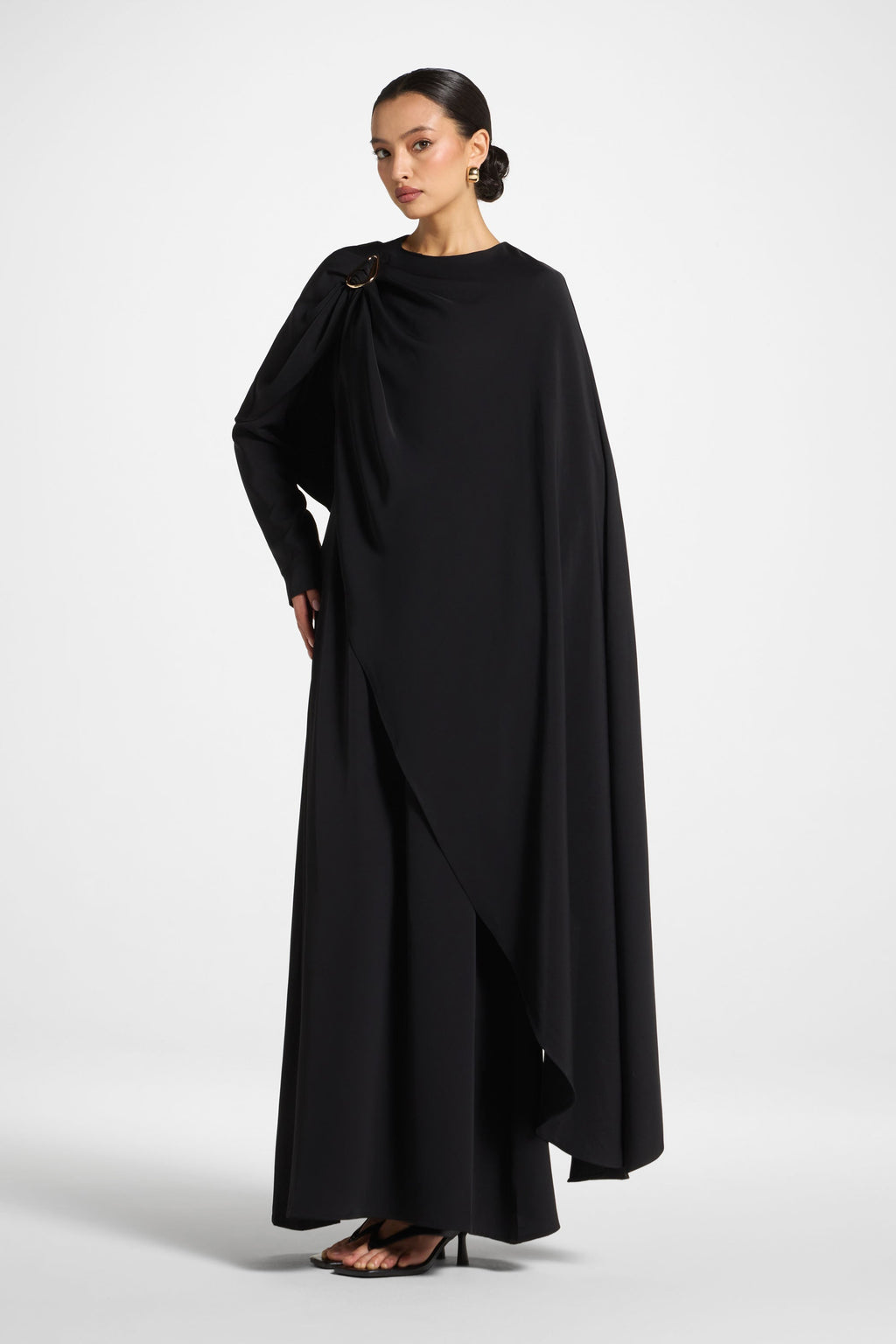 Black Cape Maxi Dress with Gold Hardware Detail