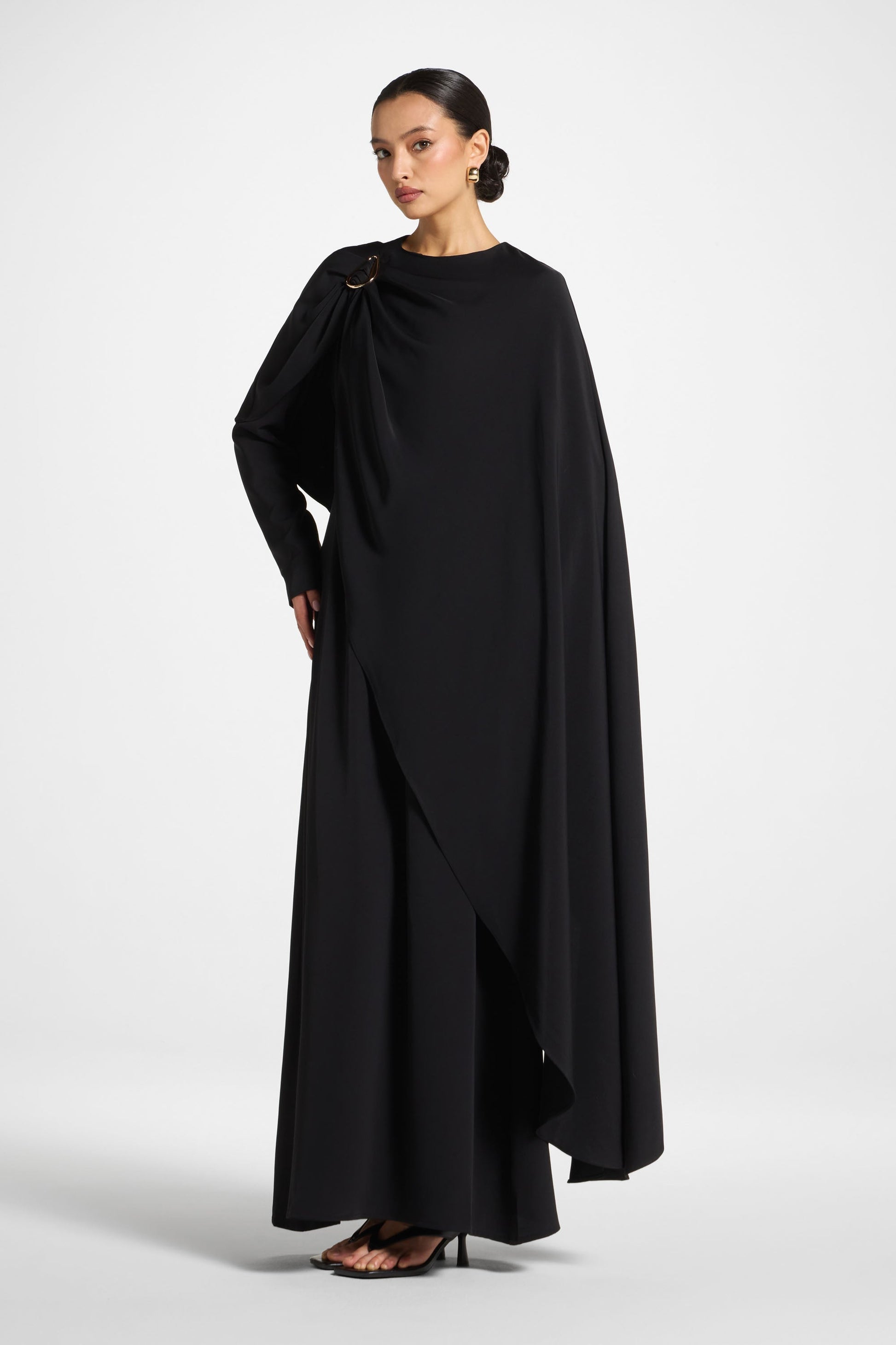 Black Cape Maxi Dress with Gold Hardware Detail