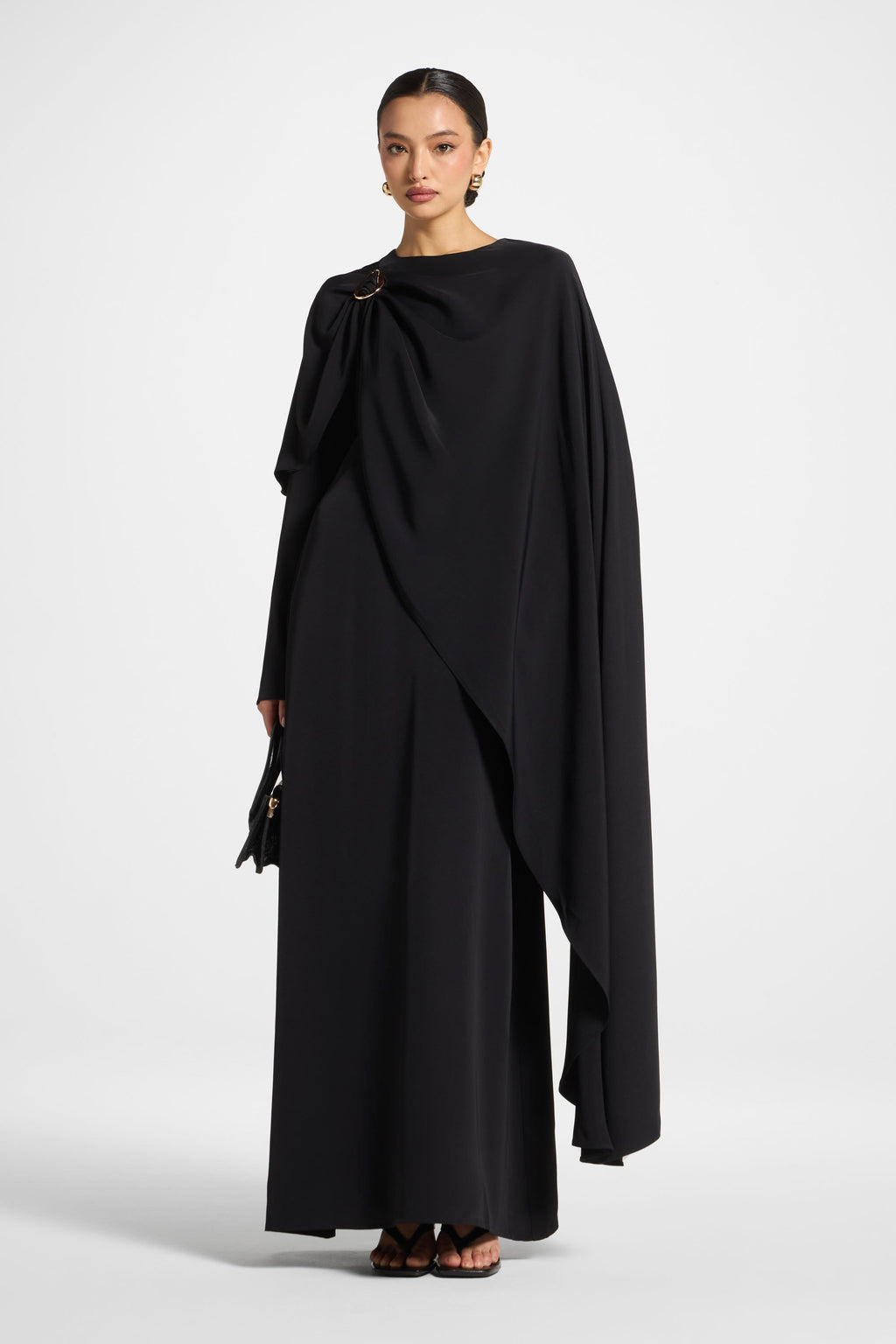 Black Cape Maxi Dress with Gold Hardware Detail