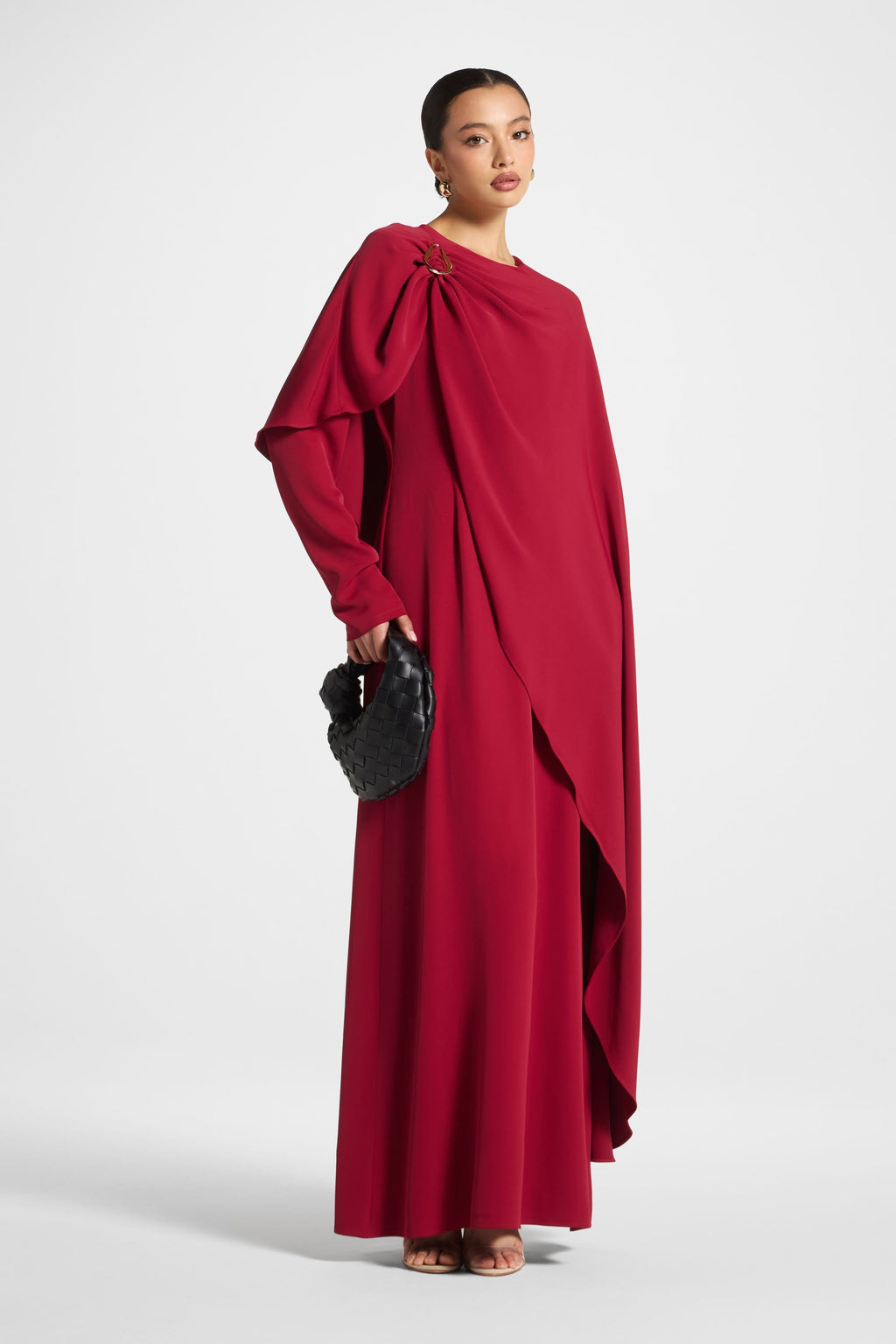 Red Cape Maxi Dress with Gold Hardware Accents