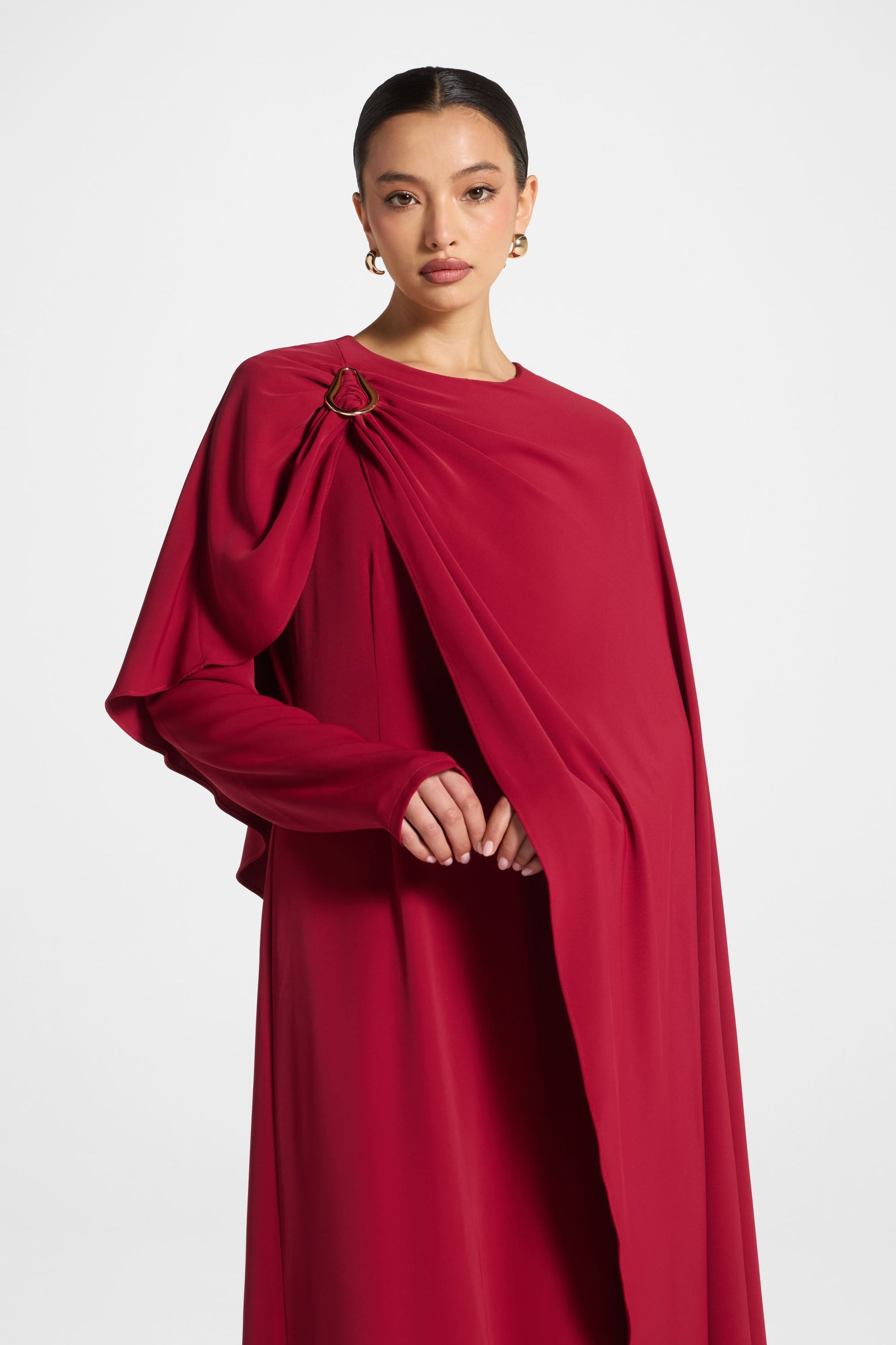 Red Cape Maxi Dress with Gold Hardware Accents